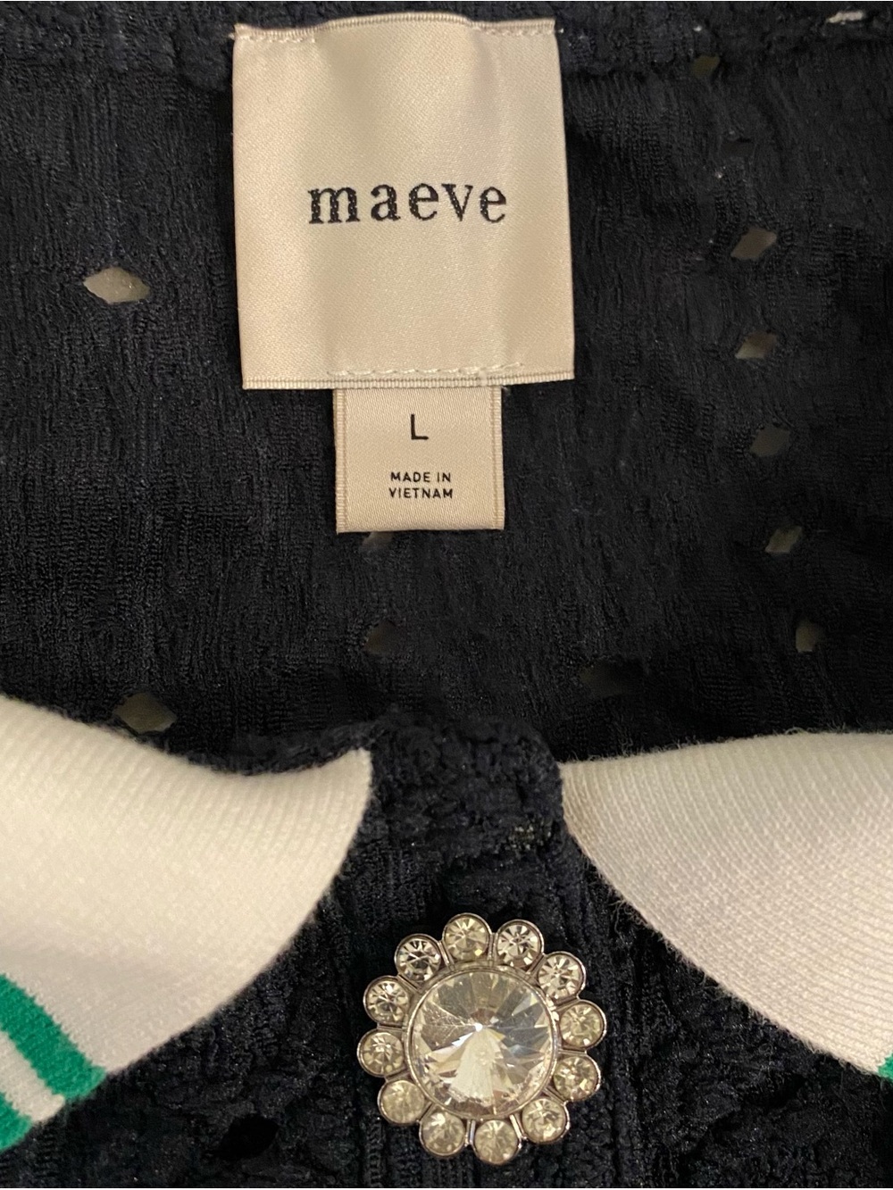 Maeve Knit Navy Polo Top with White & Green Trim and Crystal Buttons - Picture 6 of 11